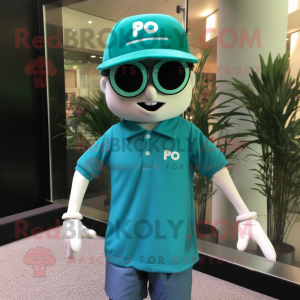 Teal Pho mascot costume character dressed with a Polo Shirt and Eyeglasses