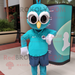 Teal Pho mascot costume character dressed with a Polo Shirt and Eyeglasses