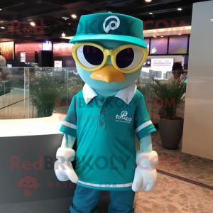 Teal Pho mascot costume character dressed with a Polo Shirt and Eyeglasses