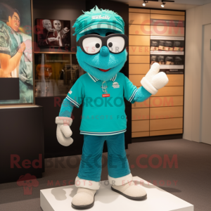 Teal Pho mascot costume character dressed with a Polo Shirt and Eyeglasses