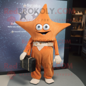 Rust Starfish mascot costume character dressed with a Wrap Dress and Backpacks