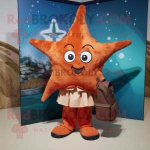 Rust Starfish mascot costume character dressed with a Wrap Dress and Backpacks