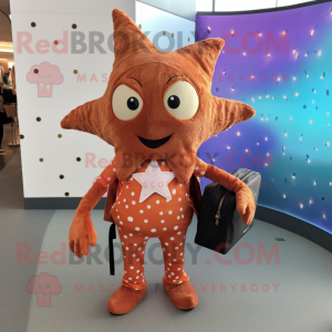 Rust Starfish mascot costume character dressed with a Wrap Dress and Backpacks