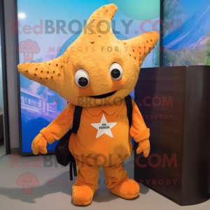 Rust Starfish mascot costume character dressed with a Wrap Dress and Backpacks