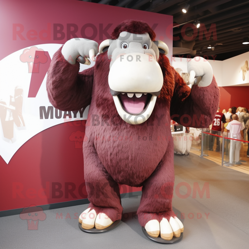 Maroon Mammoth mascot costume character dressed with a V-Neck Tee and Cufflinks