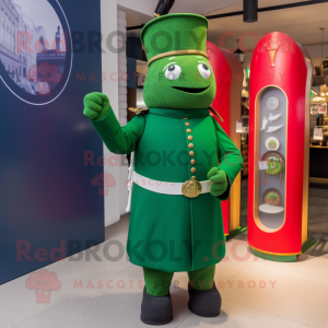 Green British Royal Guard mascot costume character dressed with a Cardigan and Keychains