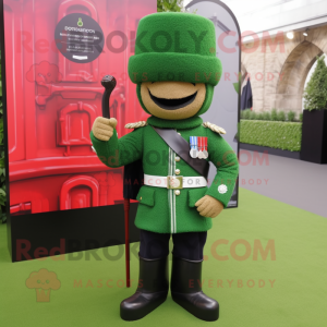Green British Royal Guard mascot costume character dressed with a Cardigan and Keychains