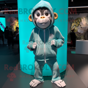 Cyan Capuchin Monkey mascot costume character dressed with a Hoodie and Shoe laces