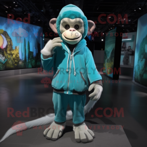 Cyan Capuchin Monkey mascot costume character dressed with a Hoodie and Shoe laces