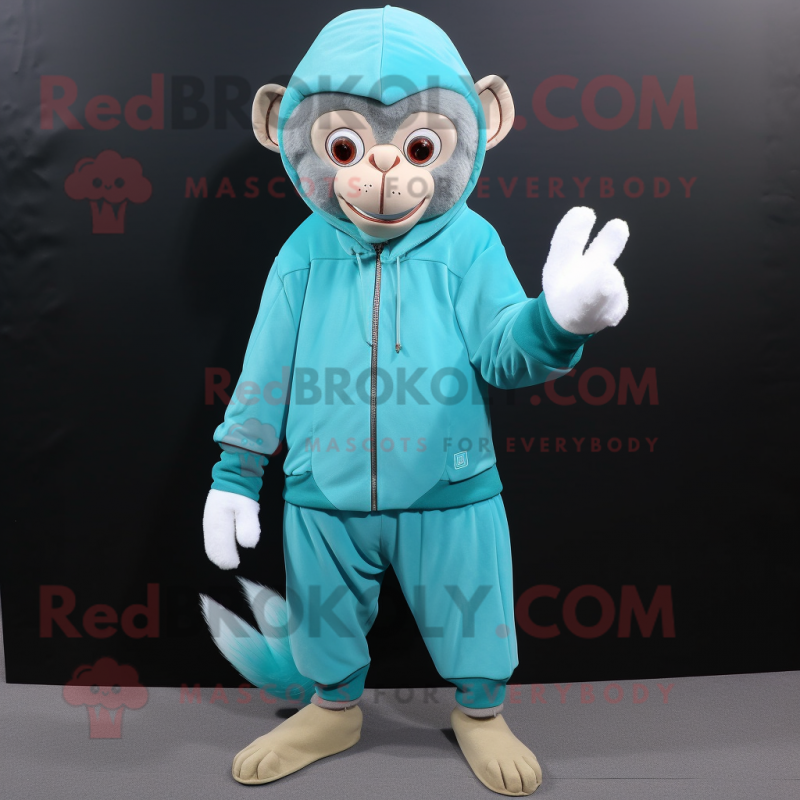 Cyan Capuchin Monkey mascot costume character dressed with a Hoodie and Shoe laces