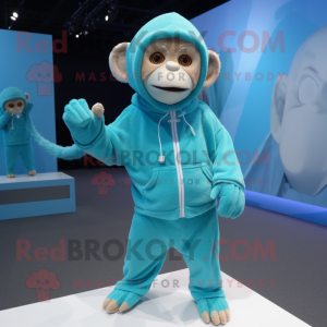 Cyan Capuchin Monkey mascot costume character dressed with a Hoodie and Shoe laces