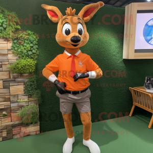 Orange Roe Deer mascot costume character dressed with a Oxford Shirt and Smartwatches