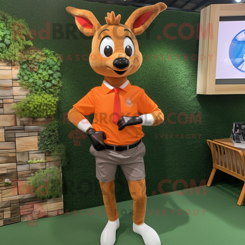 Orange Roe Deer mascot costume character dressed with a Oxford Shirt and Smartwatches