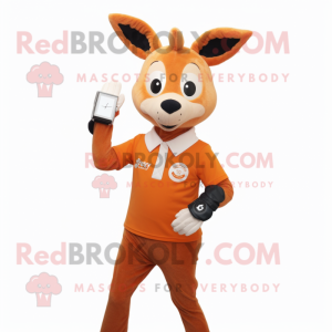 Orange Roe Deer mascot costume character dressed with a Oxford Shirt and Smartwatches