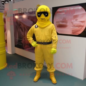Lemon Yellow Para Commando mascot costume character dressed with a Trousers and Cummerbunds