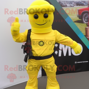 Lemon Yellow Para Commando mascot costume character dressed with a Trousers and Cummerbunds