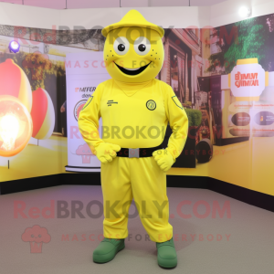 Lemon Yellow Para Commando mascot costume character dressed with a Trousers and Cummerbunds