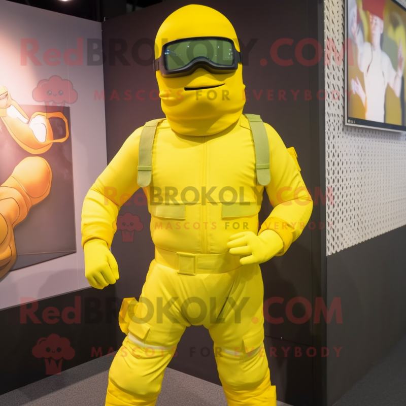 Lemon Yellow Para Commando mascot costume character dressed with a Trousers and Cummerbunds