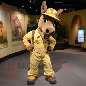 Gold Donkey mascot costume character dressed with a Cargo Pants and Suspenders
