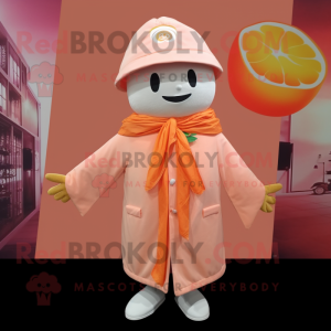 Peach Pho mascot costume character dressed with a Coat and Shawl pins
