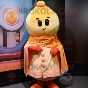 Peach Pho mascot costume character dressed with a Coat and Shawl pins