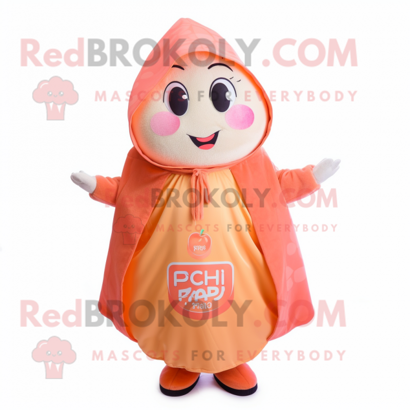 Peach Pho mascot costume character dressed with a Coat and Shawl pins Peach Pho mascot costume character dressed with a Coat and Shawl pins