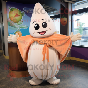 Peach Pho mascot costume character dressed with a Coat and Shawl pins