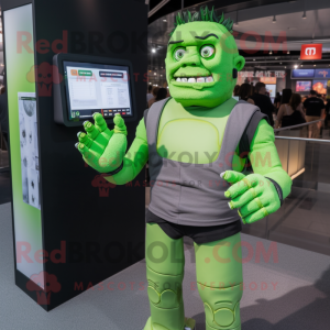 Green Frankenstein mascot costume character dressed with a Romper and Smartwatches