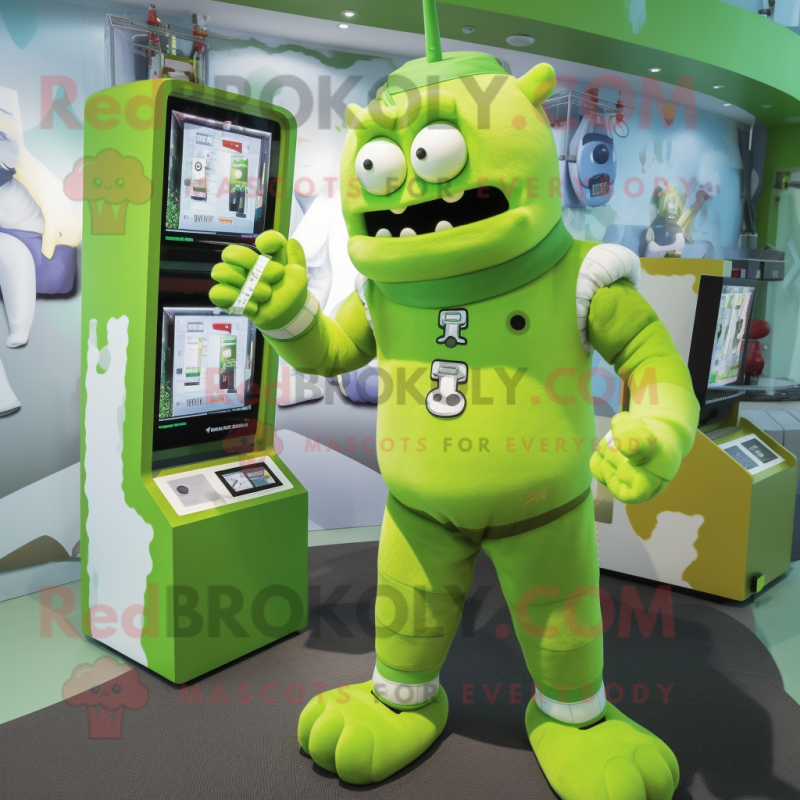 Green Frankenstein mascot costume character dressed with a Romper and Smartwatches