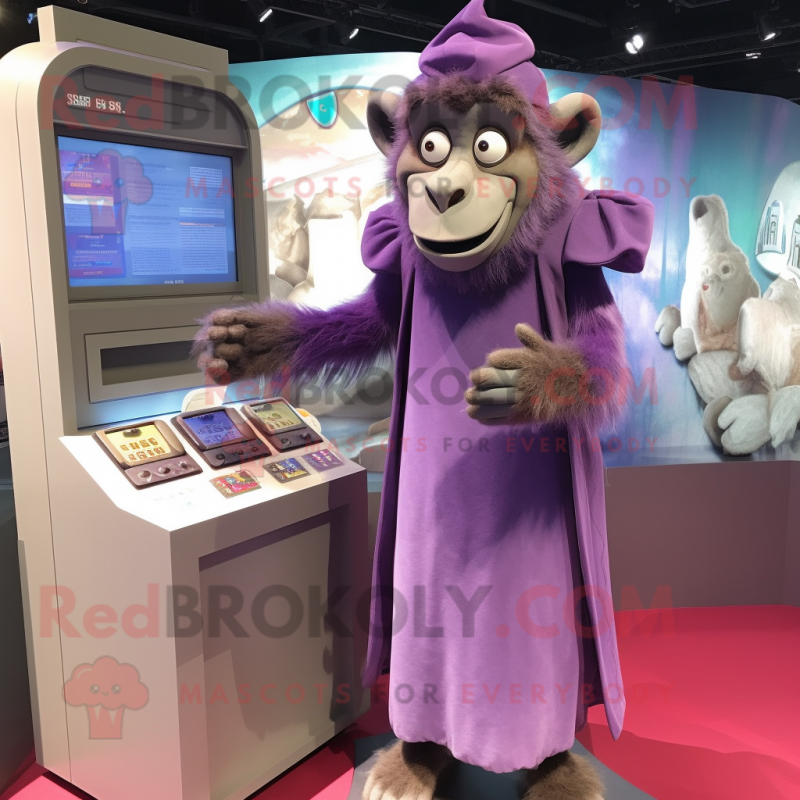 Lavender Baboon mascot costume character dressed with a A-Line Dress and Coin purses