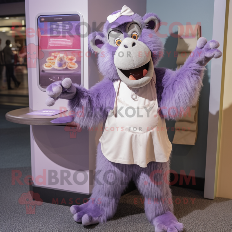 Lavender Baboon mascot costume character dressed with a A-Line Dress and Coin purses