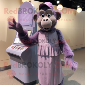 Lavender Baboon mascot costume character dressed with a A-Line Dress and Coin purses