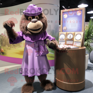 Lavender Baboon mascot costume character dressed with a A-Line Dress and Coin purses