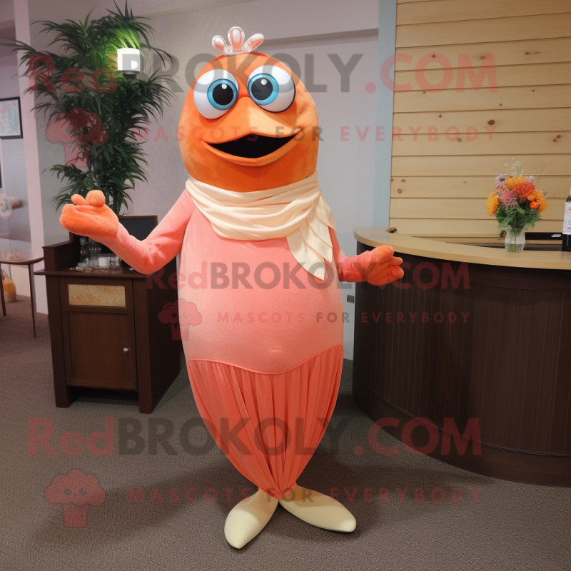 Peach Salmon mascot costume character dressed with a Cocktail Dress and Shawl pins Peach Salmon mascot costume character dressed with a Cocktail Dress and Shawl pins