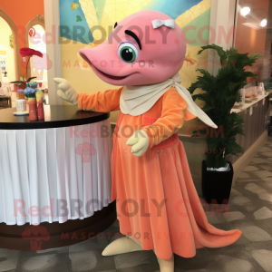 Peach Salmon mascot costume character dressed with a Cocktail Dress and Shawl pins