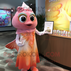 Peach Salmon mascot costume character dressed with a Cocktail Dress and Shawl pins