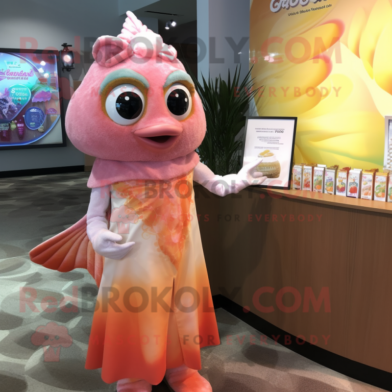 Peach Salmon mascot costume character dressed with a Cocktail Dress and Shawl pins Peach Salmon mascot costume character dressed with a Cocktail Dress and Shawl pins