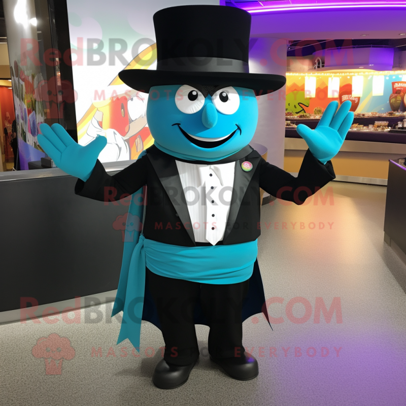 Cyan Fajitas mascot costume character dressed with a Tuxedo and Bracelets Cyan Fajitas mascot costume character dressed with a Tuxedo and Bracelets