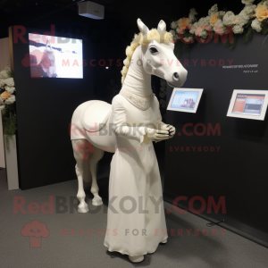 Cream Horse mascot costume character dressed with a Wedding Dress and Lapel pins