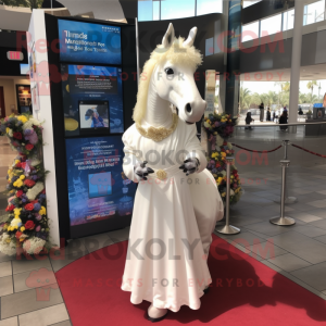 Cream Horse mascot costume character dressed with a Wedding Dress and Lapel pins