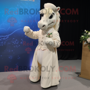 Cream Horse mascot costume character dressed with a Wedding Dress and Lapel pins
