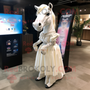 Cream Horse mascot costume character dressed with a Wedding Dress and Lapel pins
