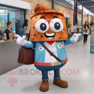 Rust Ice Cream mascot costume character dressed with a Jeans and Messenger bags