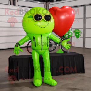 Lime Green Heart Shaped Balloons mascot costume character dressed with a Moto Jacket and Sunglasses