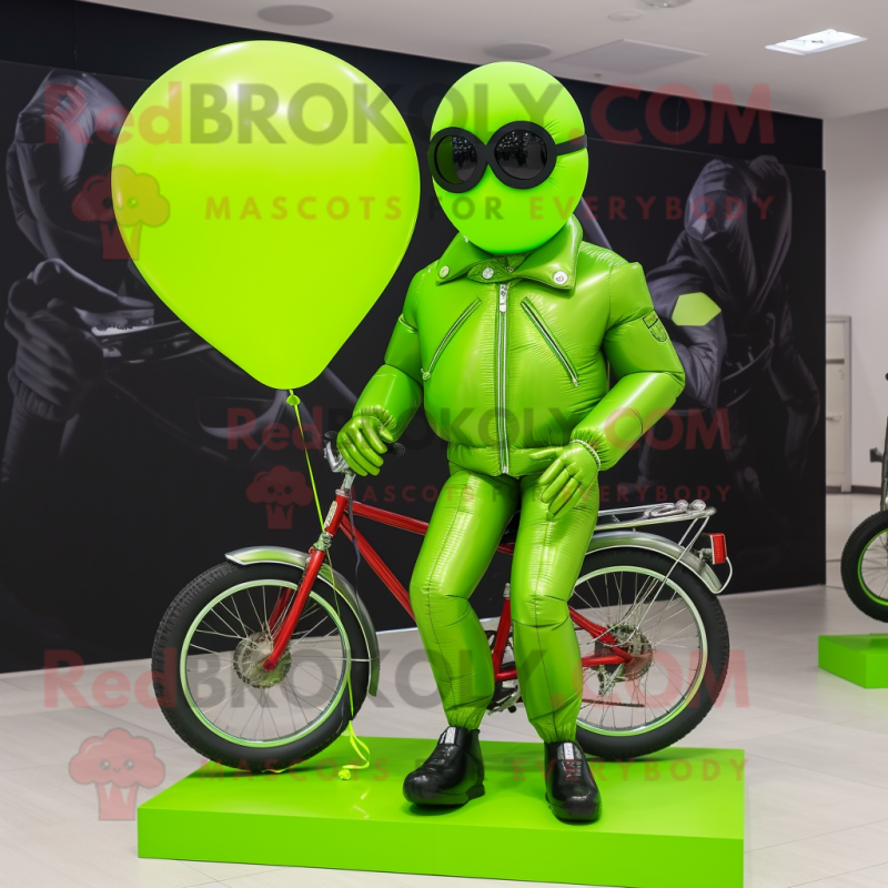 Lime Green Heart Shaped Balloons mascot costume character dressed with a Moto Jacket and Sunglasses Lime Green Heart Shaped Balloons mascot costume character dressed with a Moto Jacket and Sunglasses
