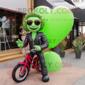 Lime Green Heart Shaped Balloons mascot costume character dressed with a Moto Jacket and Sunglasses