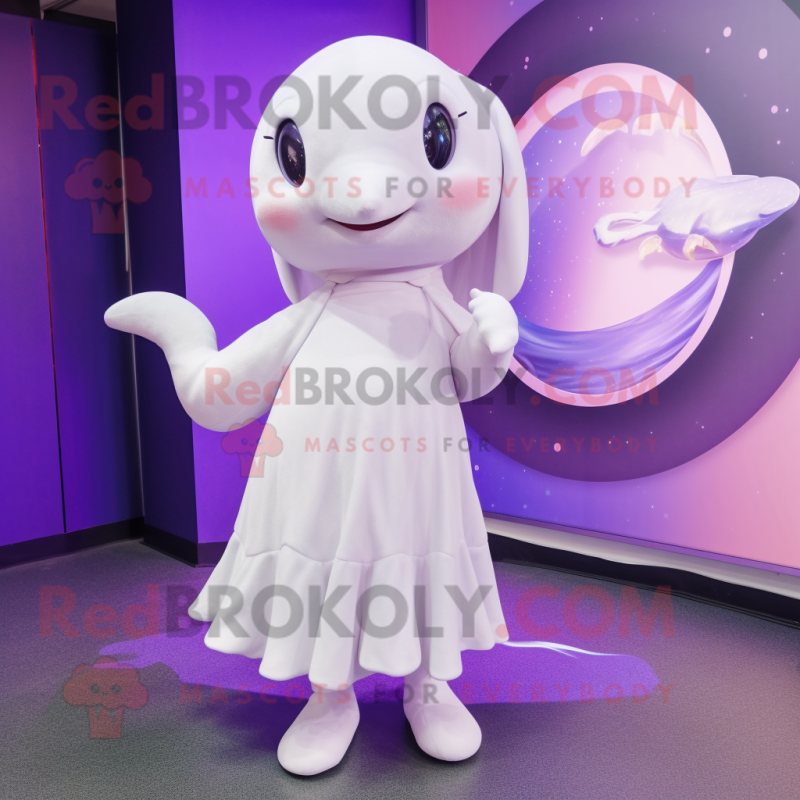 Lavender Beluga Whale mascot costume character dressed with a Wrap Dress and Anklets Lavender Beluga Whale mascot costume character dressed with a Wrap Dress and Anklets