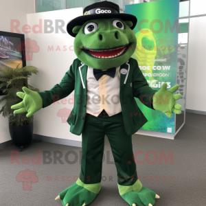 Forest Green Cod mascot costume character dressed with a Blazer and Gloves