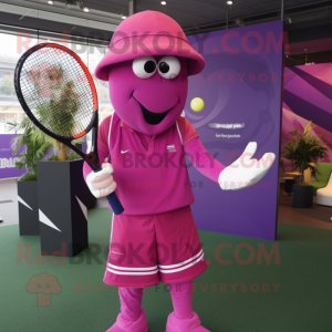 Magenta Tennis Racket mascot costume character dressed with a Long Sleeve Tee and Hat pins