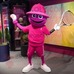 Magenta Tennis Racket mascot costume character dressed with a Long Sleeve Tee and Hat pins